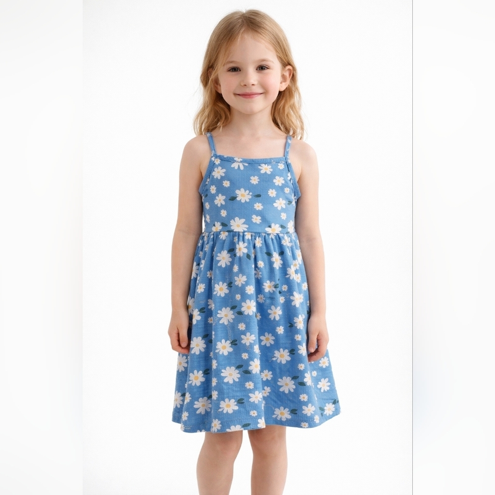 Blue Daisy Ribbed Kids Dress Size 120 (5–6Y) Cotton Blend Summer Sundress